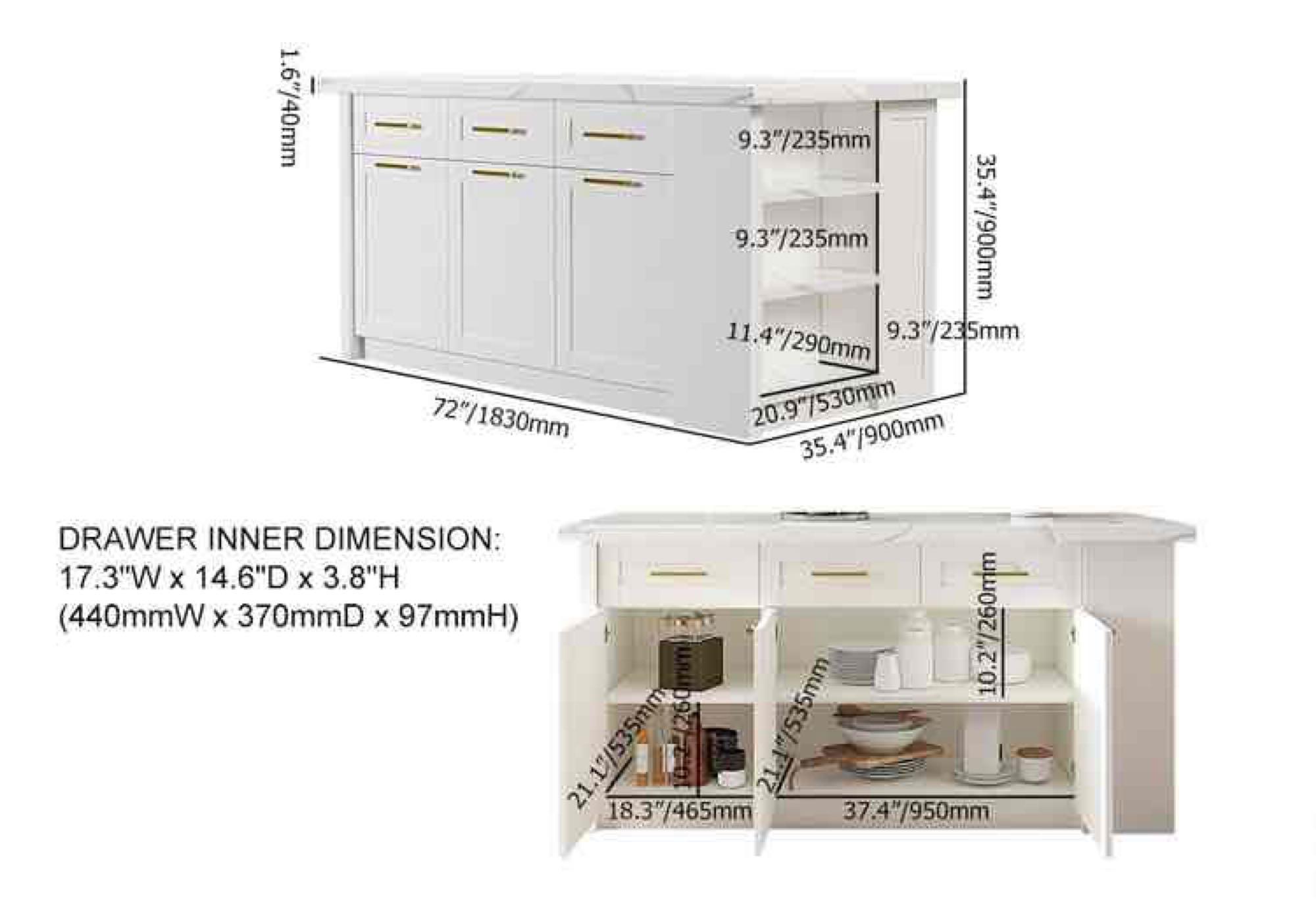 72" Modern Style Laminate Kitchen Islands With Multi-Storage