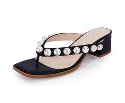 Womens Chunky Heel Flip Flops Pearl Sandals Square Toe Mules Slip On Slides Slippers, Black