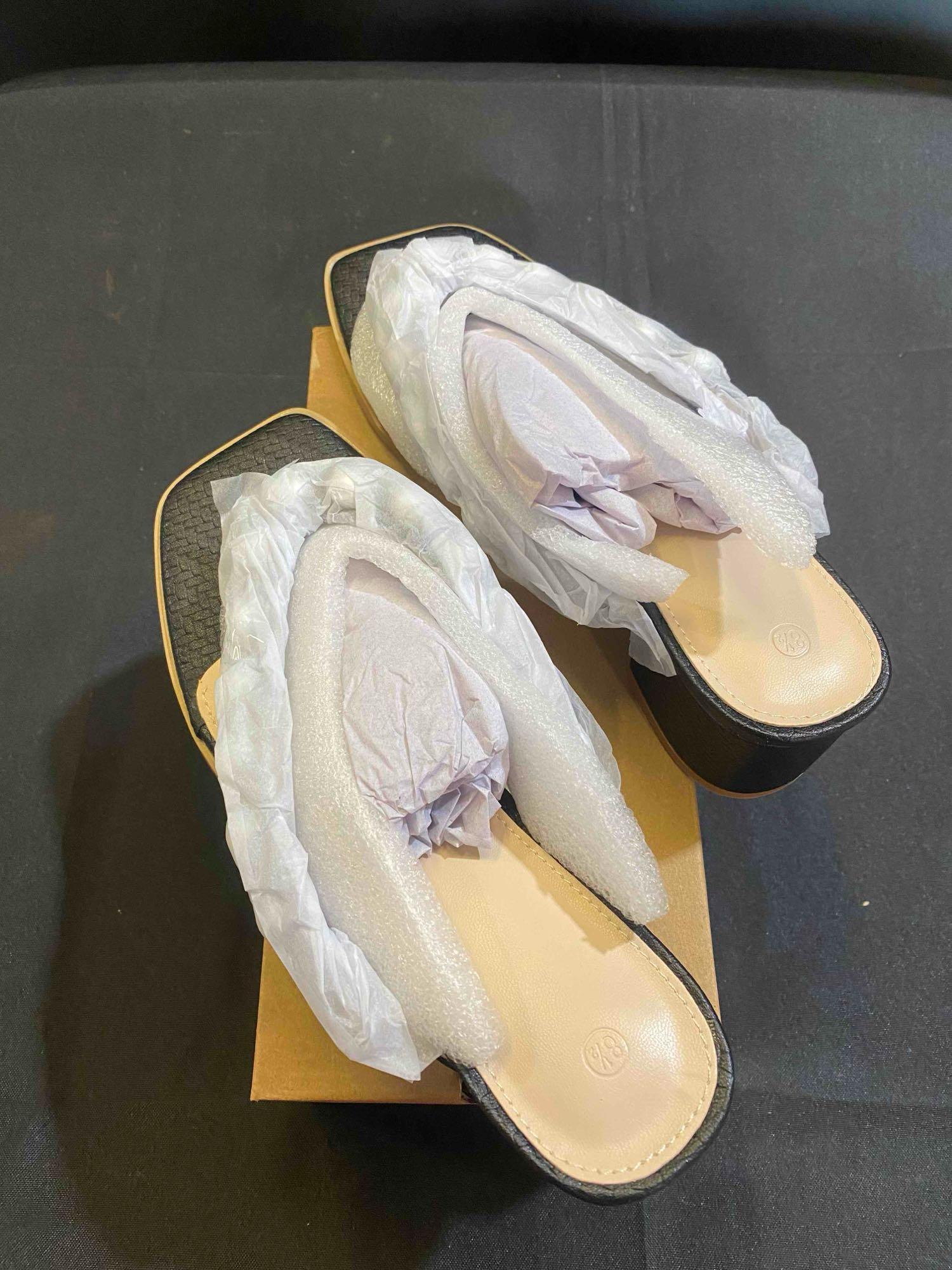 Womens Chunky Heel Flip Flops Pearl Sandals Square Toe Mules Slip On Slides Slippers, Black