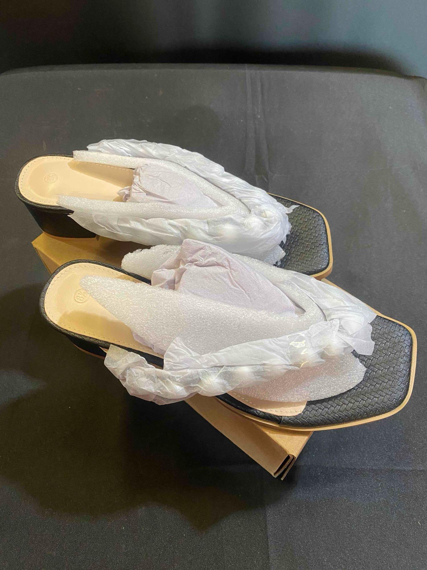 Womens Chunky Heel Flip Flops Pearl Sandals Square Toe Mules Slip On Slides Slippers, Black