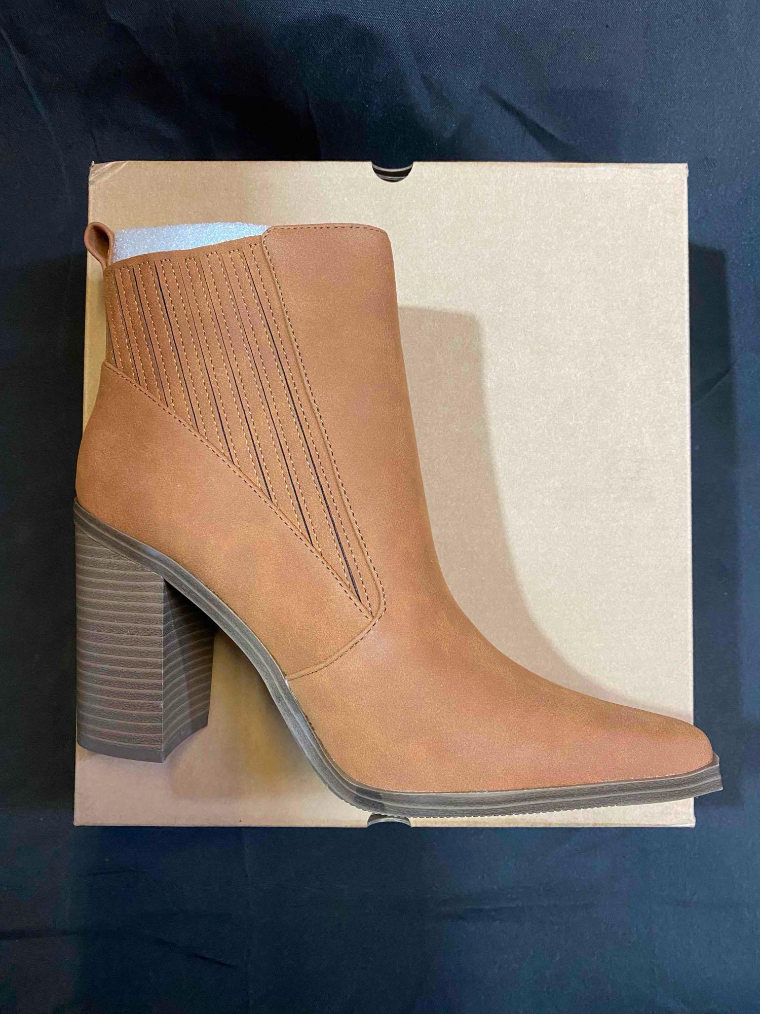 Womens Pointed Toe Slip on Ankle Booties Stacked Mid Block Heel Shoes Faux Leather Boots