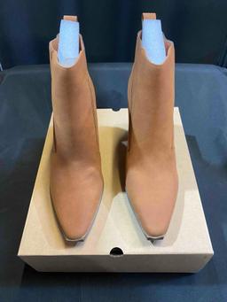 Womens Pointed Toe Slip on Ankle Booties Stacked Mid Block Heel Shoes Faux Leather Boots
