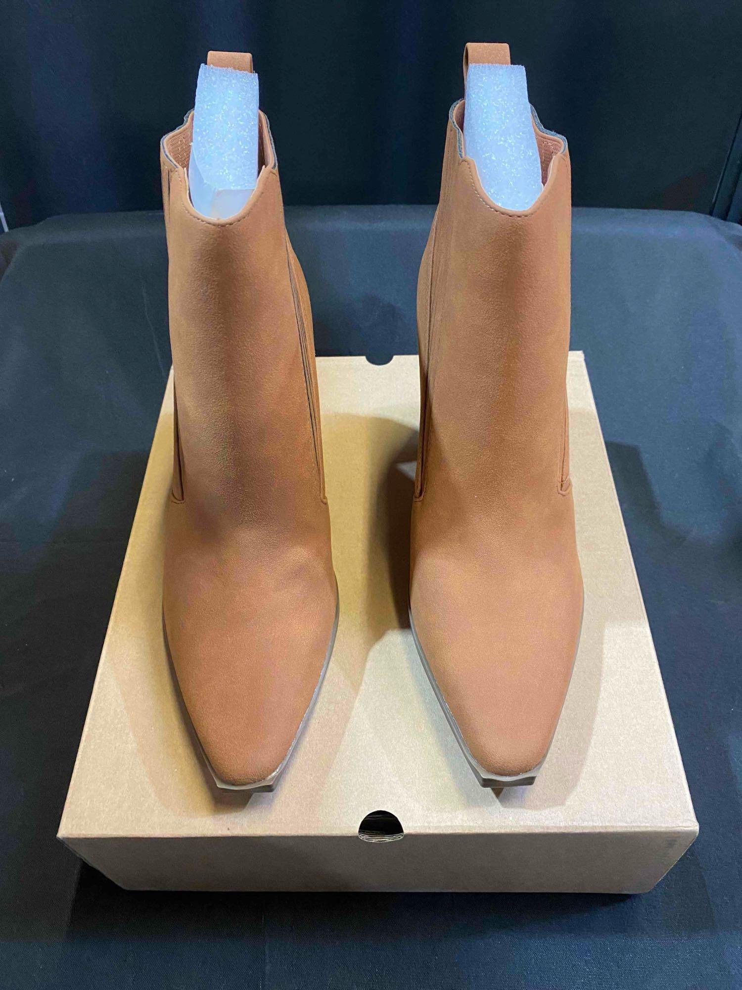 Womens Pointed Toe Slip on Ankle Booties Stacked Mid Block Heel Shoes Faux Leather Boots