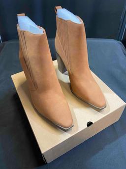 Womens Pointed Toe Slip on Ankle Booties Stacked Mid Block Heel Shoes Faux Leather Boots