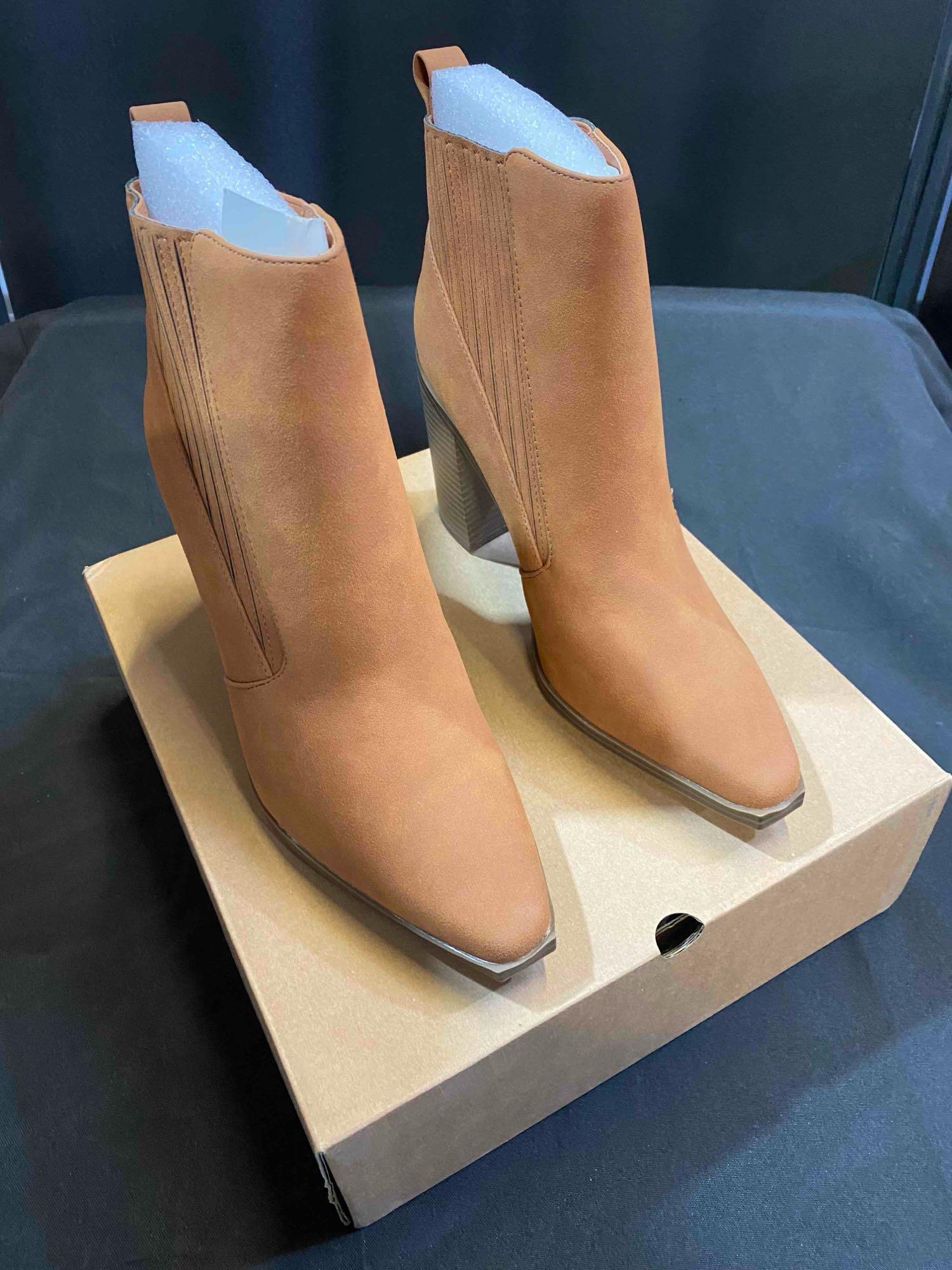 Womens Pointed Toe Slip on Ankle Booties Stacked Mid Block Heel Shoes Faux Leather Boots
