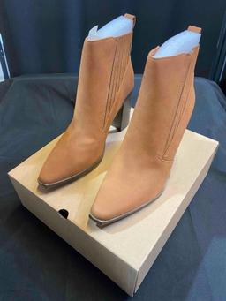 Womens Pointed Toe Slip on Ankle Booties Stacked Mid Block Heel Shoes Faux Leather Boots