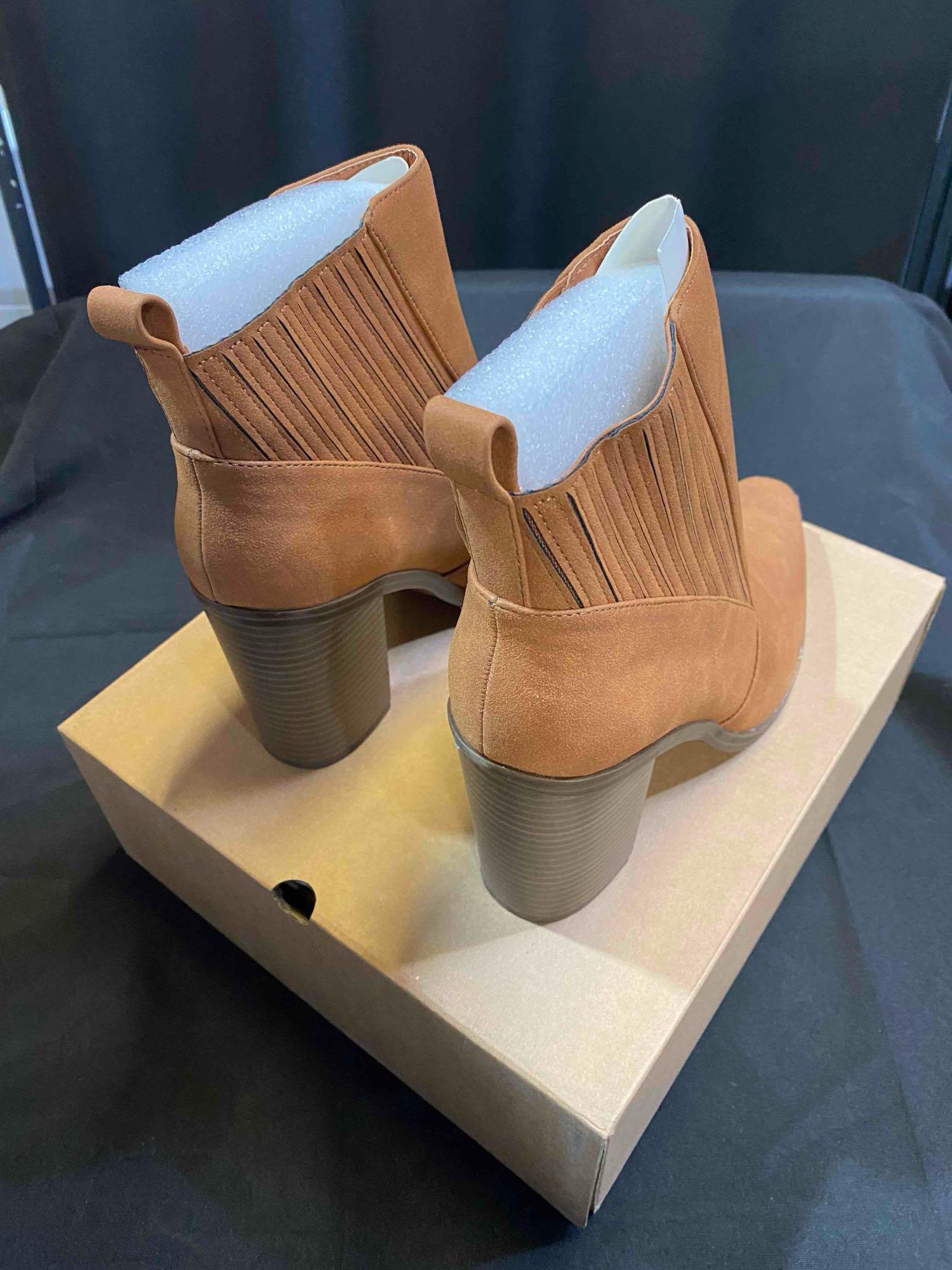 Womens Pointed Toe Slip on Ankle Booties Stacked Mid Block Heel Shoes Faux Leather Boots