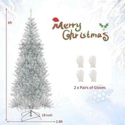 6FT Pre-lit Artificial Silver Tinsel Xmas Tree with 790 Branch Tips 300 LED Lights