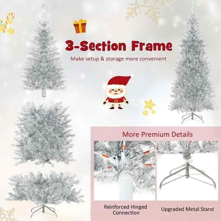 6FT Pre-lit Artificial Silver Tinsel Xmas Tree with 790 Branch Tips 300 LED Lights
