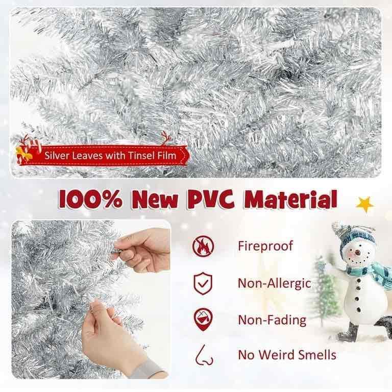 6FT Pre-lit Artificial Silver Tinsel Xmas Tree with 790 Branch Tips 300 LED Lights