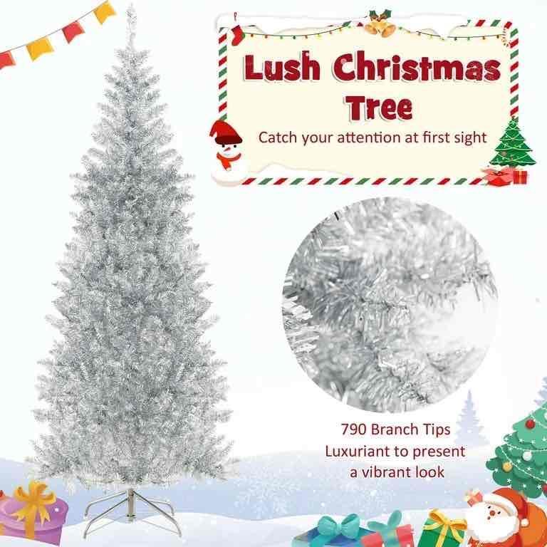 6FT Pre-lit Artificial Silver Tinsel Xmas Tree with 790 Branch Tips 300 LED Lights