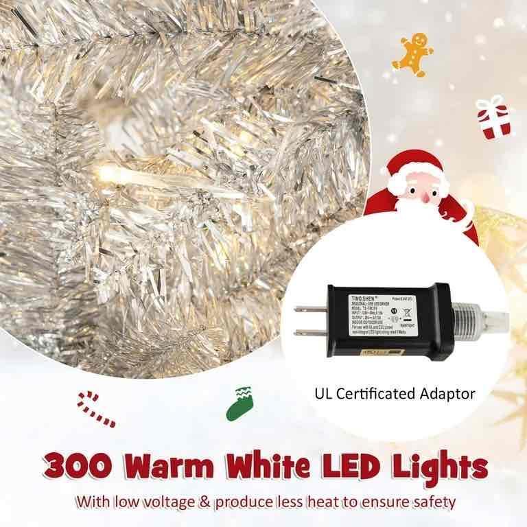 6FT Pre-lit Artificial Silver Tinsel Xmas Tree with 790 Branch Tips 300 LED Lights
