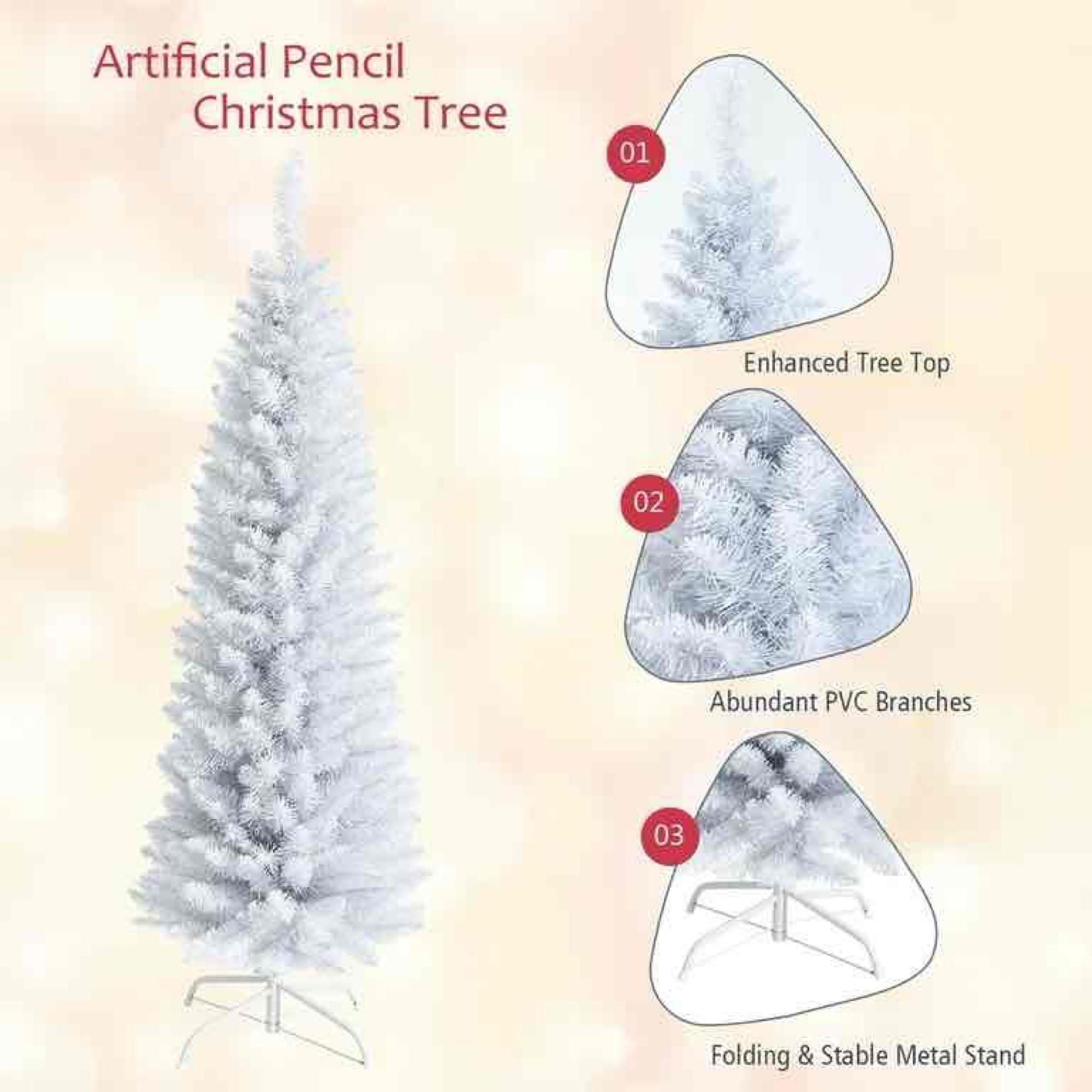 Costway 5ft Unlit Artificial Slim Pencil Christmas Tree with Metal Stand White
