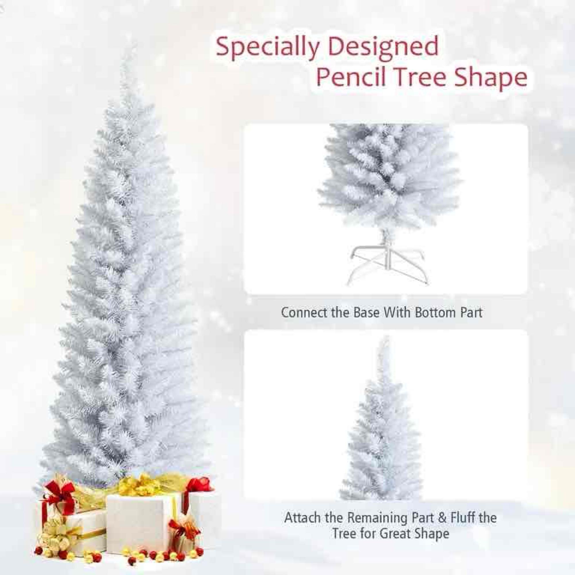 5ft Unlit Artificial Slim Pencil Christmas Tree with Metal Stand White
