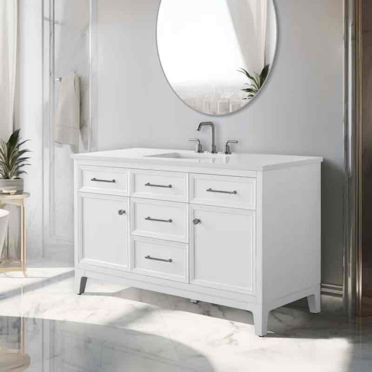 Tiosha 55" Single Bathroom Vanity In White With Engineered Stone Top