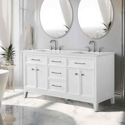 Tiosha 61" Double Bathroom Vanity In White With Engineered Stone Top