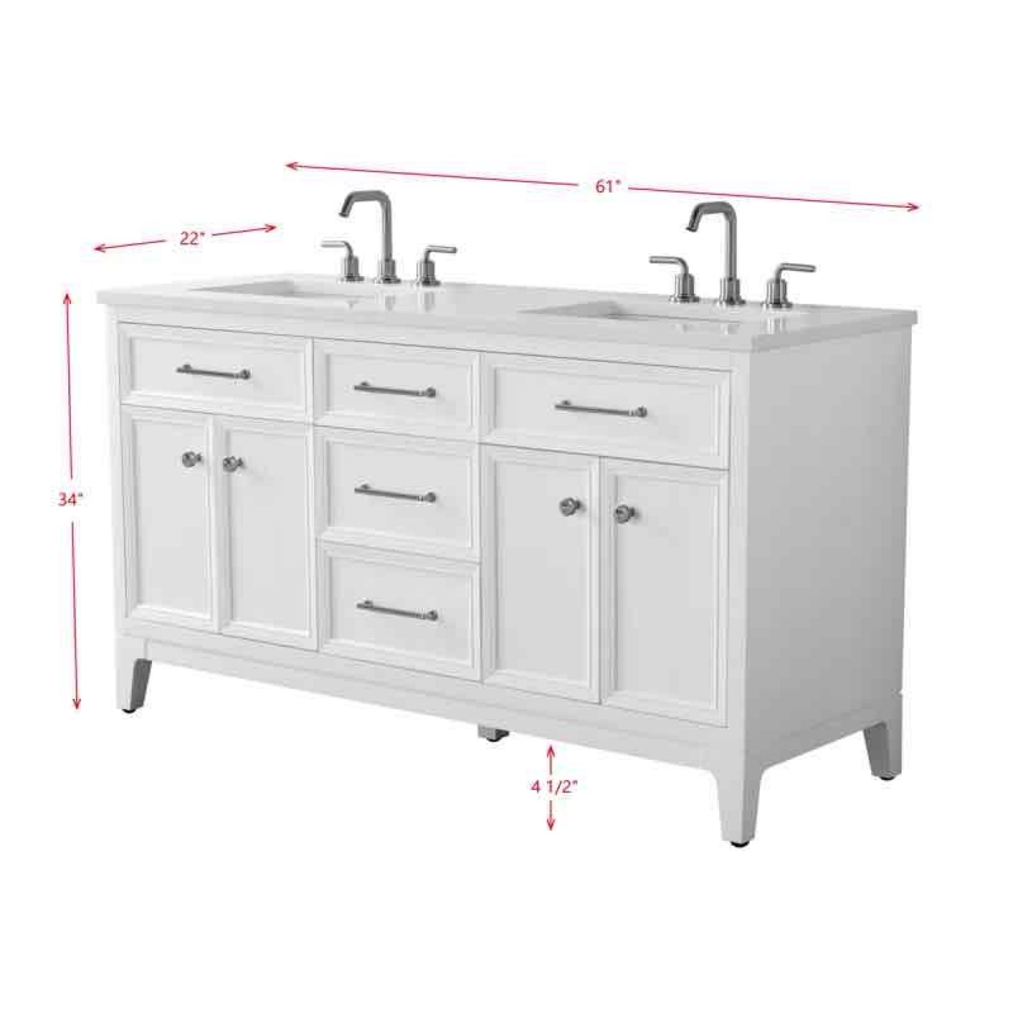 Tiosha 61" Double Bathroom Vanity In White With Engineered Stone Top