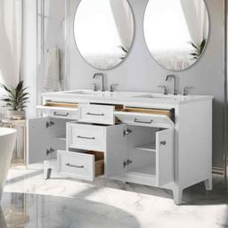 Tiosha 61" Double Bathroom Vanity In White With Engineered Stone Top