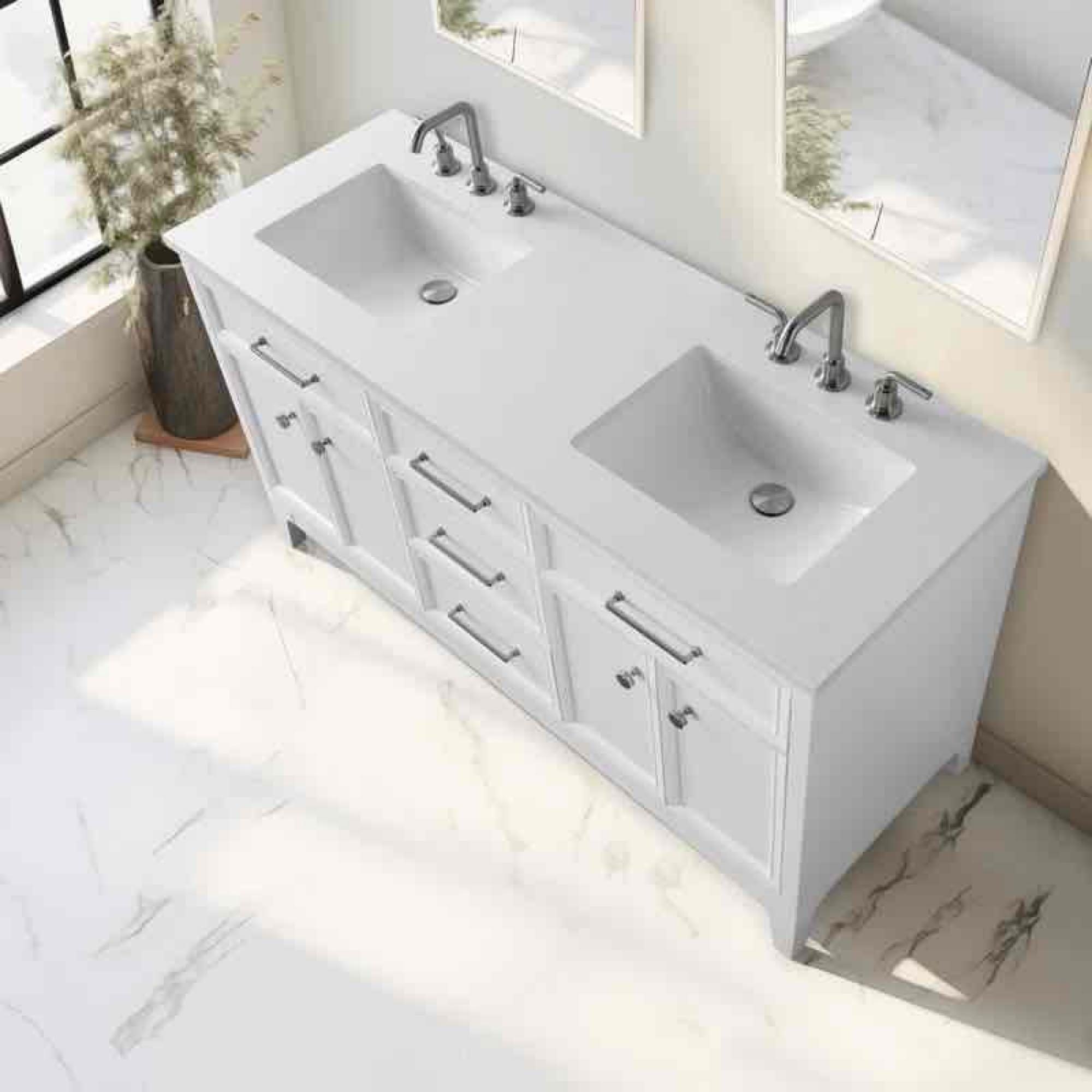 Tiosha 61" Double Bathroom Vanity In White With Engineered Stone Top