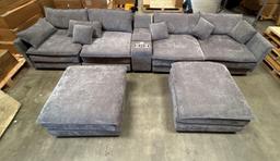 7pc Gray Cloth Modular Couch Sofa Sectional with Ottoman and cupholders