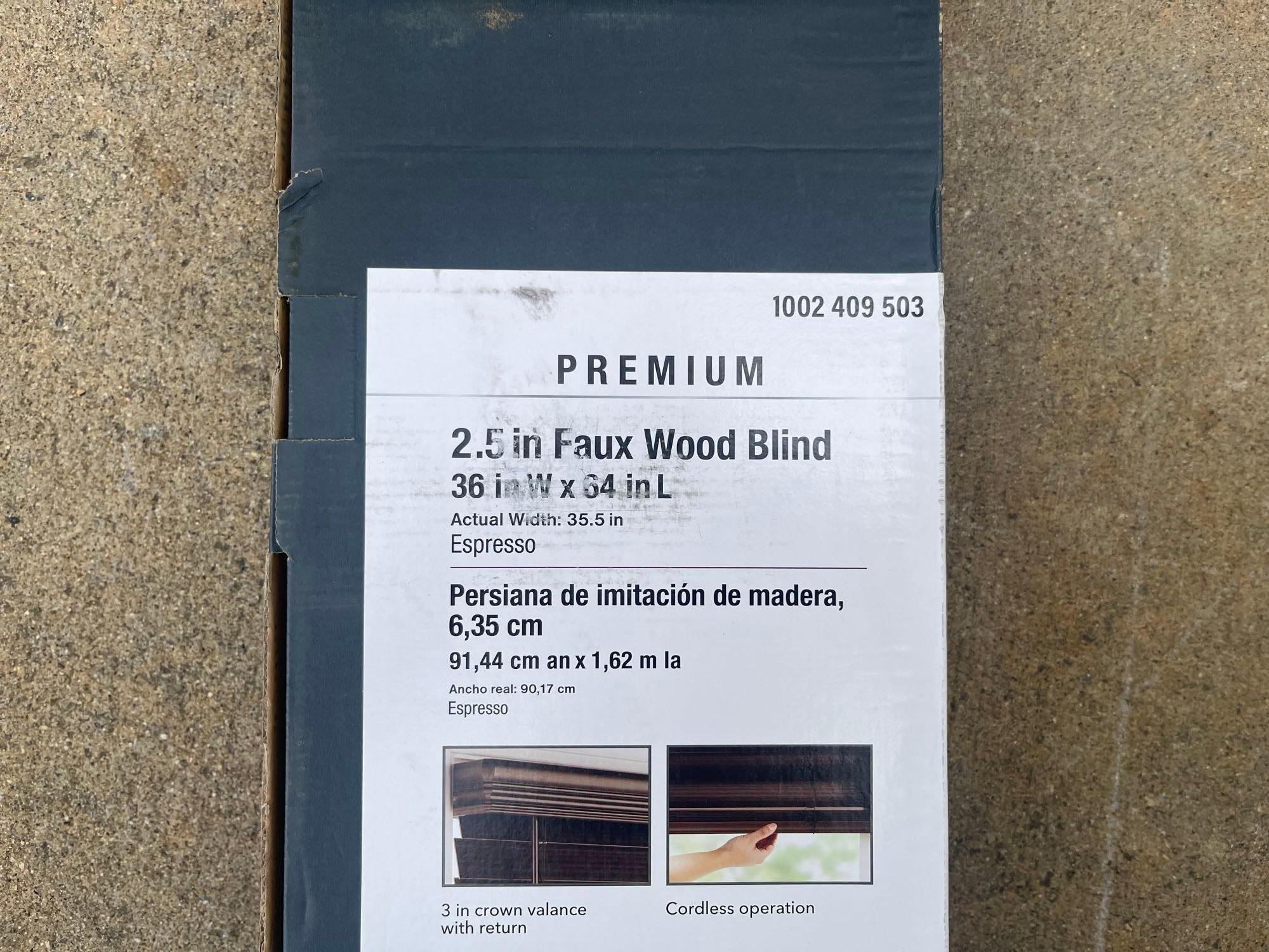 Espresso Cordless Premium Faux Wood Blinds with 2.5 in. Slats - 36 in. W x 64 in. L