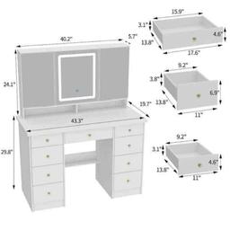 White Modern Makeup Vanity Desk 9 Drawers Wood Dressing Table With 3 Mirrors