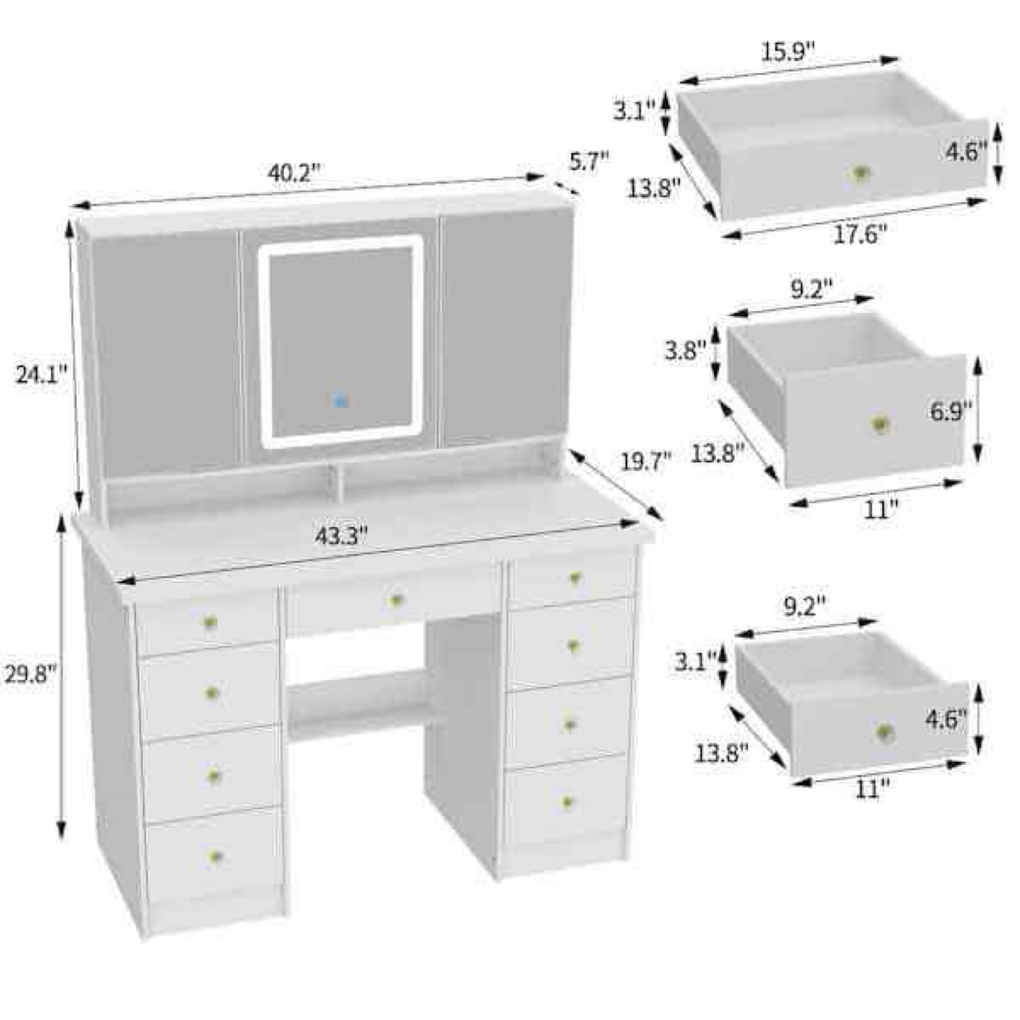 White Modern Makeup Vanity Desk 9 Drawers Wood Dressing Table With 3 Mirrors
