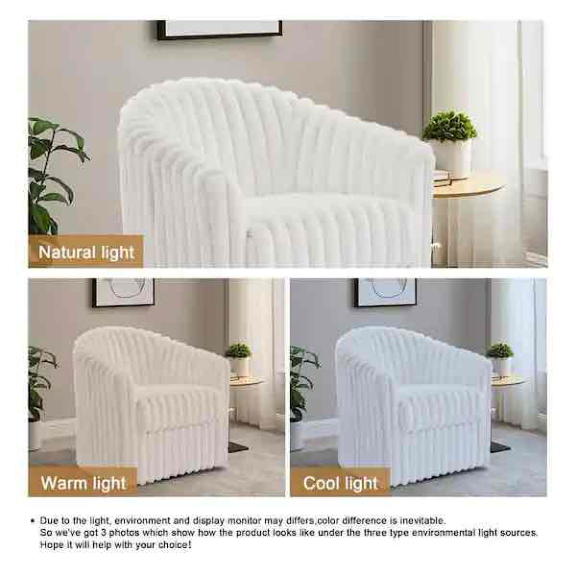 Modern White Faux Rabbit Fur Polyester 360 Swivel Accent Barrel Chair with Metal Base