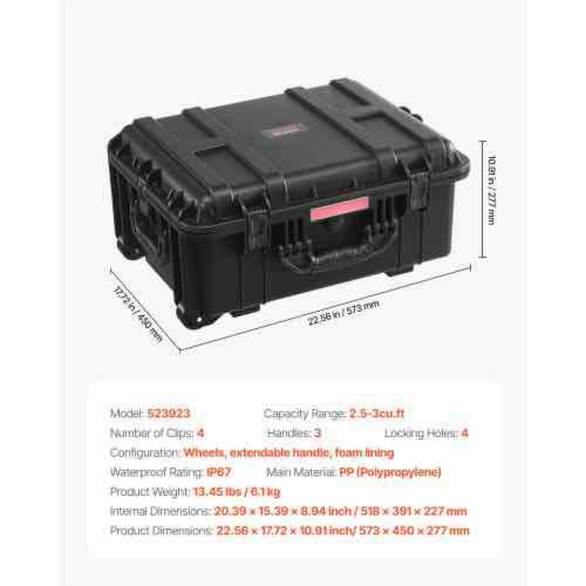 VEVOR Weatherproof Hard Case, Heavy Duty Protective Dry Box Case with Pre-Cut Foam, Wheels &