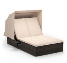 Patio Double Chaise Lounge with Shade Cushions and Folding Side Trays, Beige