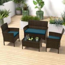 Hivvago 4 Piece Patio Rattan Conversation Set With Cozy Seat Cushions-Peacock Blue