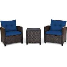 Costway 3PCS Patio Rattan Furniture Set Cushioned Conversation Set Coffee Table Navy