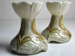 (2) Belleek Irish Elm Leaf Painted Spill Vases