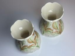 (2) Belleek Irish Elm Leaf Painted Spill Vases