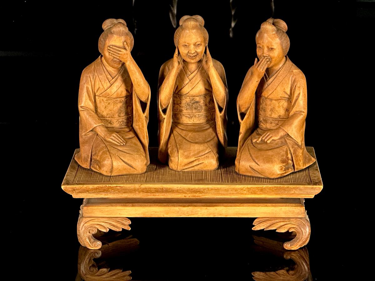 Carved Japanese Geisha See, Hear, Speak No Evil