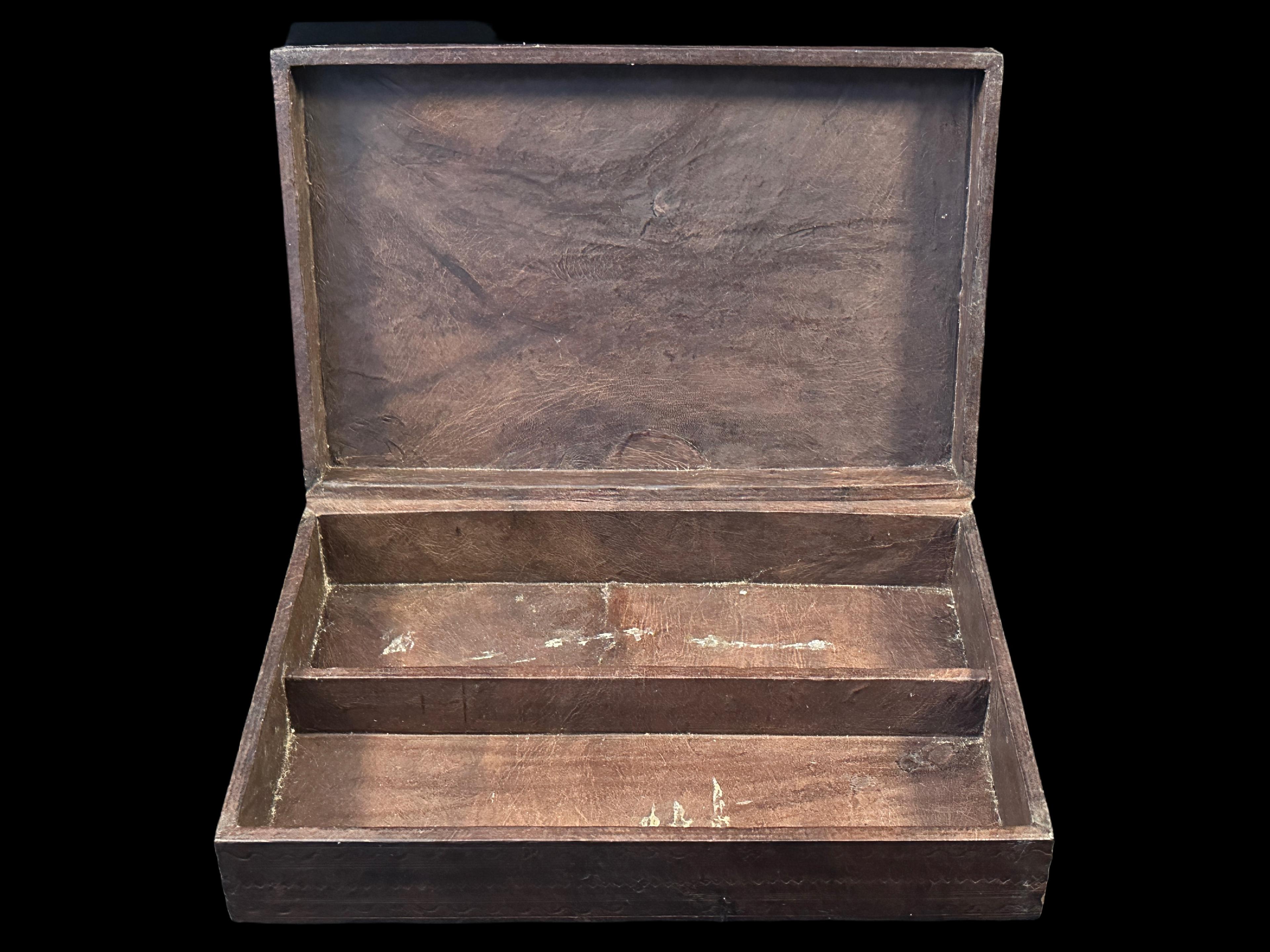 Vintage Hand-Tooled Brown Leather Box