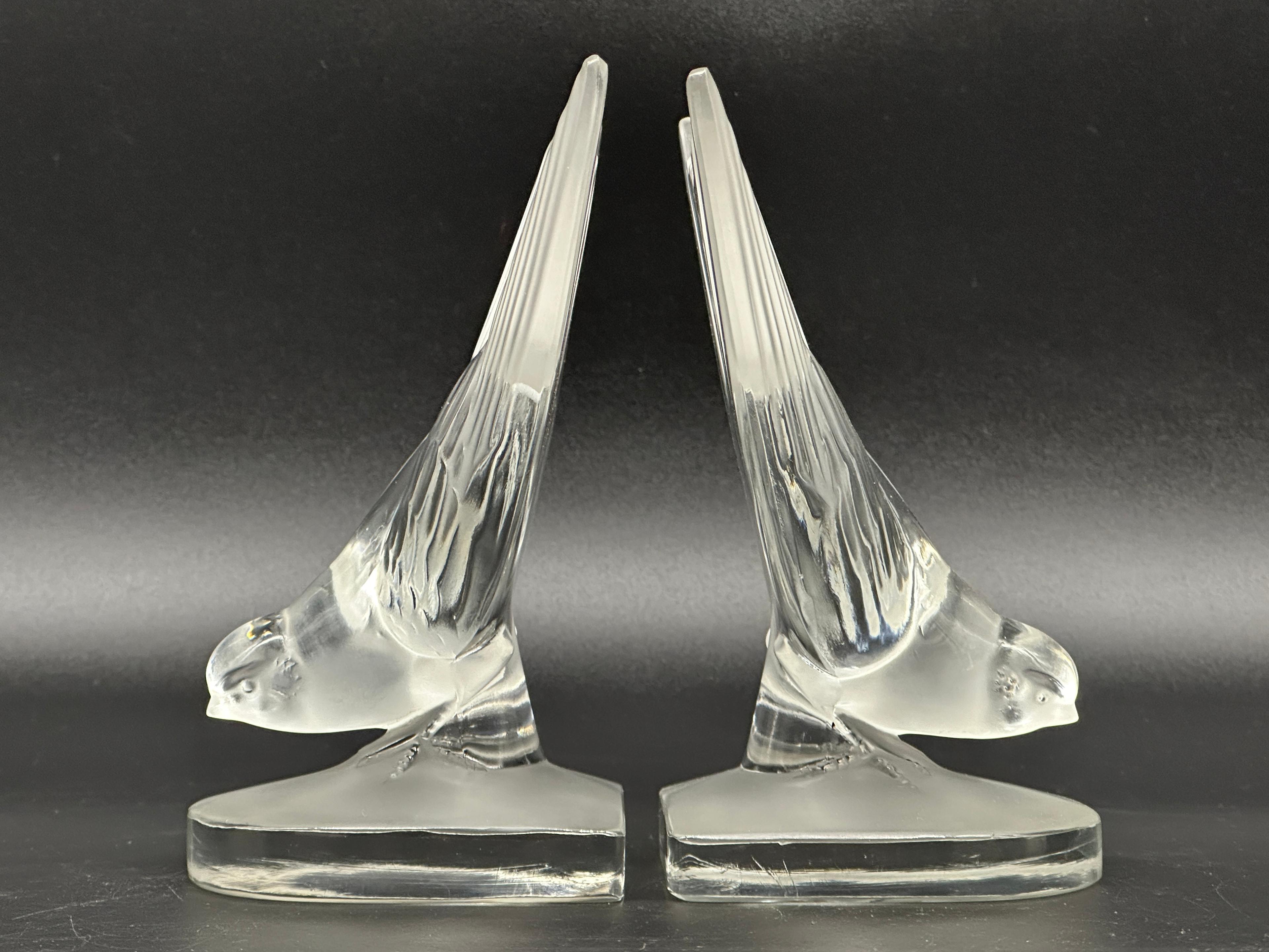 Pair of Vintage Lalique Crystal Hirondelle Swallow Bird Bookends