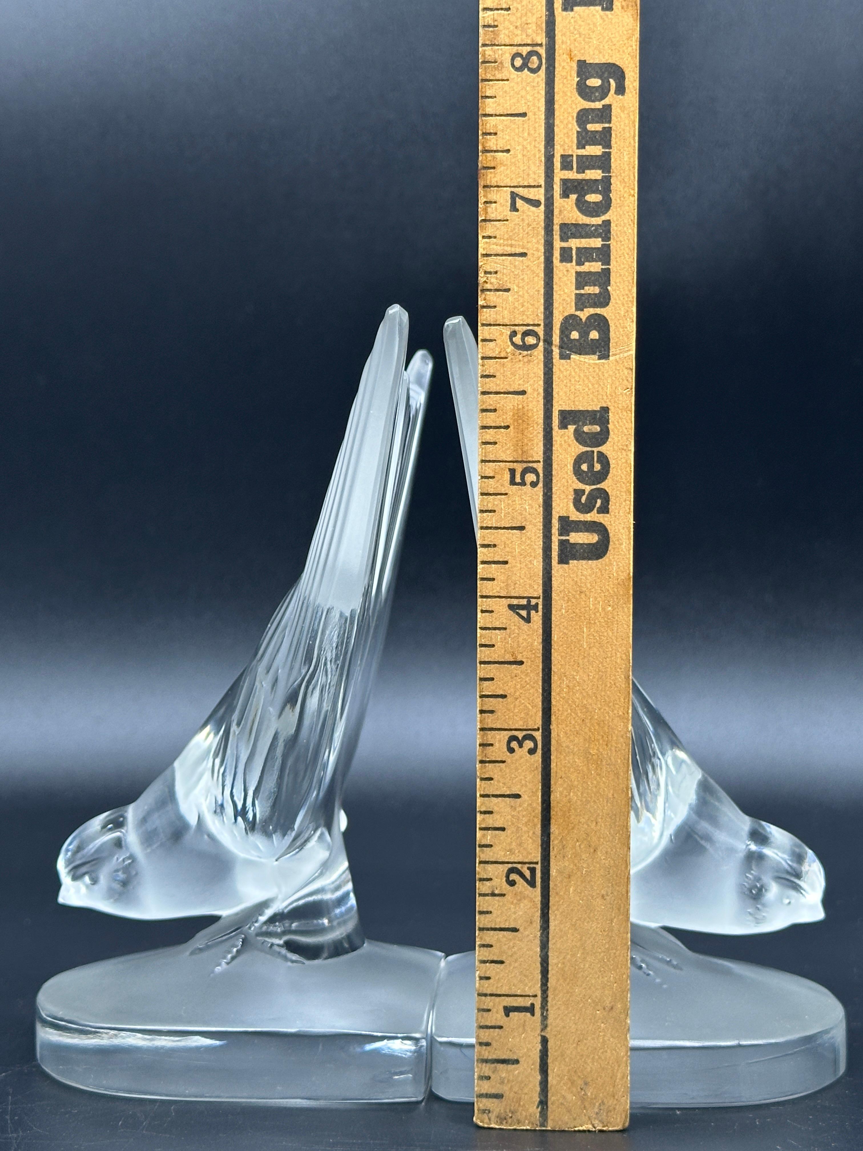 Pair of Vintage Lalique Crystal Hirondelle Swallow Bird Bookends