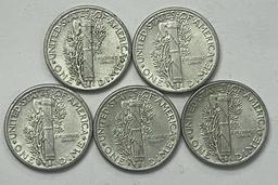 1941-1945 Mercury Silver Dimes (5 coins)