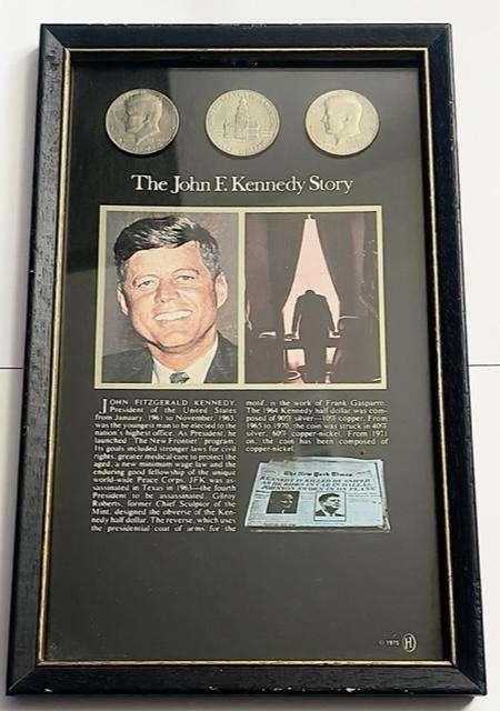 6.5"x10.5" Framed John F. Kennedy Story - 1976 bicentennial half dollars (3-coins)