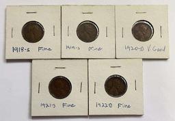 1918-1922 Lincoln Wheat Small Cents (5-coins)