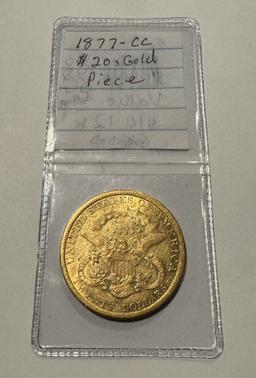 1877-CC $20 GOLD COIN, GRADED VALUE $12,000