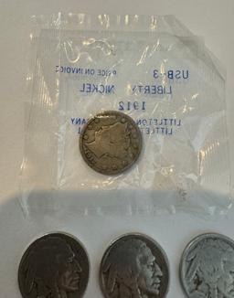 1912 UNCIRCLATED V NICKEL + 3 1935 BUFFALO