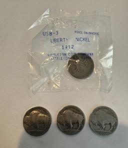 1912 UNCIRCLATED V NICKEL + 3 1935 BUFFALO