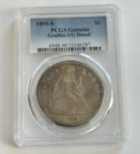 1859-S Liberty Seated Dollar Coin – PCGS Genuine Graffiti VG Detail