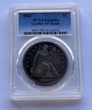 1863 Liberty Seated Dollar Coin – PCGS Genuine Graffiti VF Detail