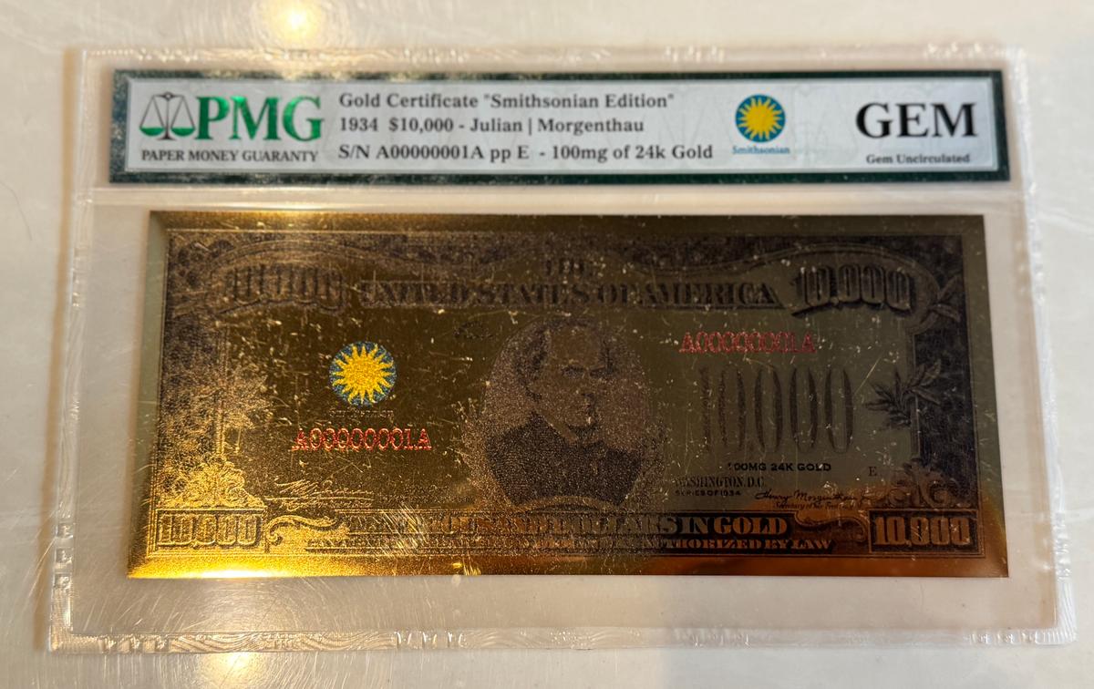 1934 $10,000 Gold Certificate – Smithsonian Edition with 100mg 24K Gold - PMG GEM Uncirculated