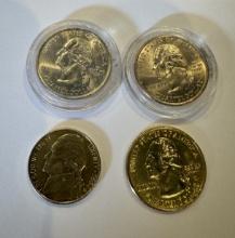 Set of Washington Quarter Half Dollar Coins and One 5 Cents Jefferson Nickel Coin