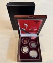 WWII Era Adolf Hitler Memorabilia – Set of 4Third Reich Coins & 1 Postage Stamp(Germany,1930s–1940s)