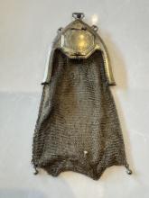 Antique 1900's Mesh Coin Purse with Ornate Clasp and Tiny Compact Mirror